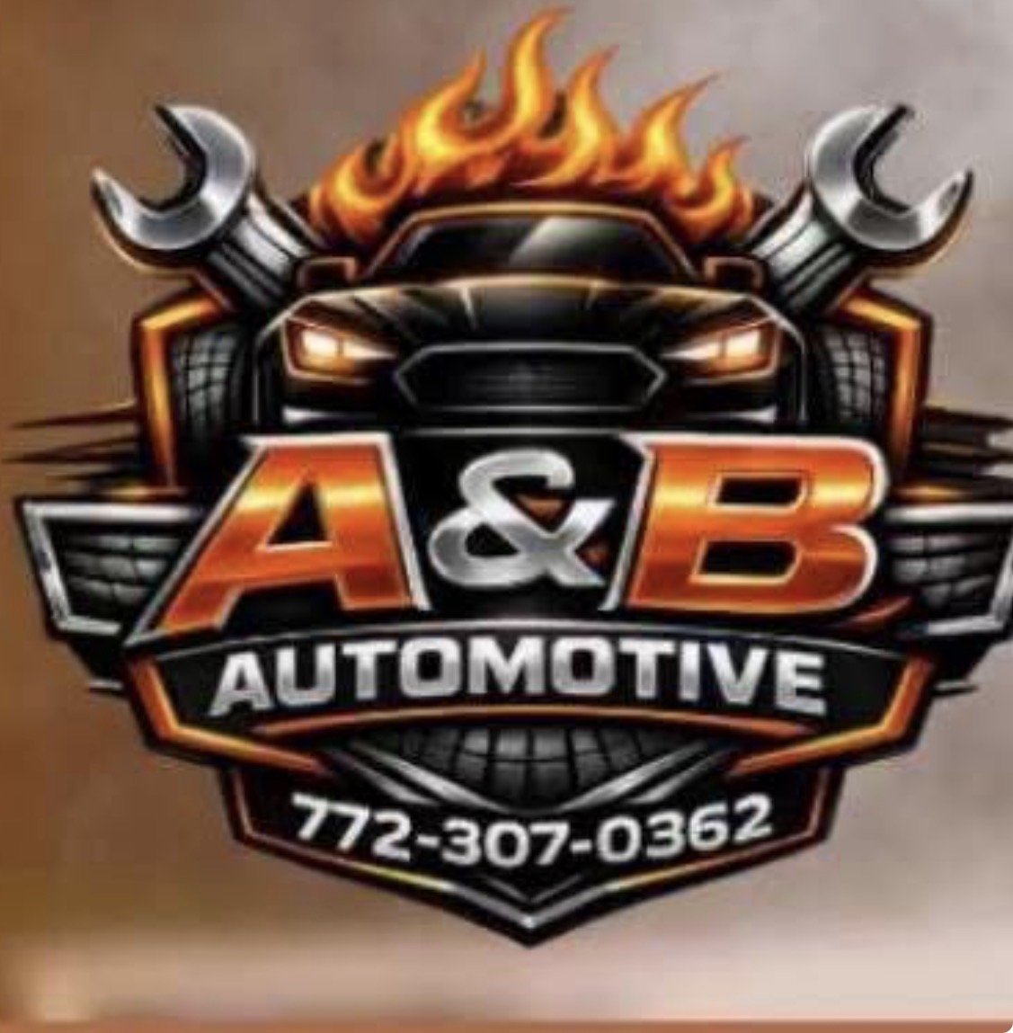 A & B Automotive logo with car, wrenches, and flames